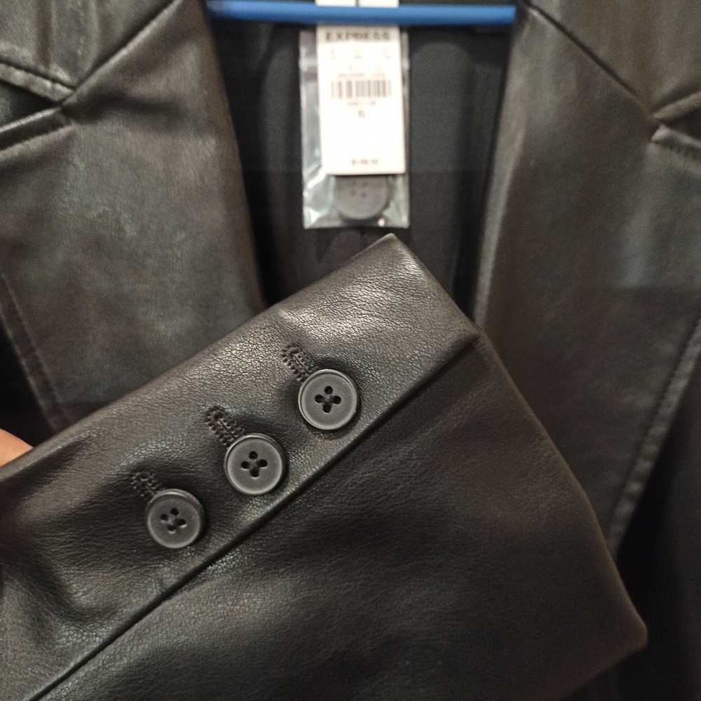 NEW EXPRESS BLACK FAUX LEATHER ONE BUTTON BLAZER JACKET SZ XL - Picture 6 of 16